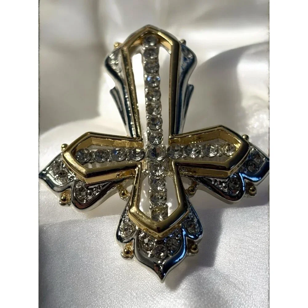 Napier Cross Brooch Pin Gold & Silver Tone Clear Rhinestones Open Work Religious